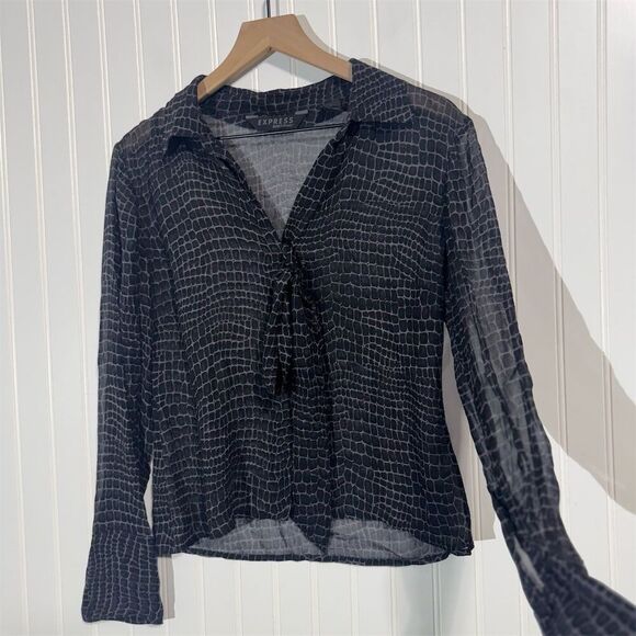 VTGY2K Express Silk Sheer Croc Print Tie Front Blouse Top Black Gray Size 9/10 - Picture 2 of 10